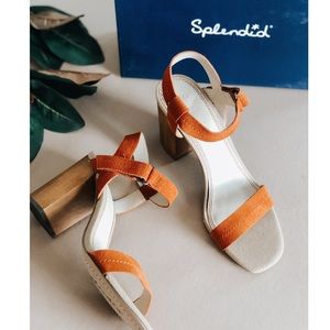 Splendid NIB Cognac Leather & Wood Block Strappy Heels